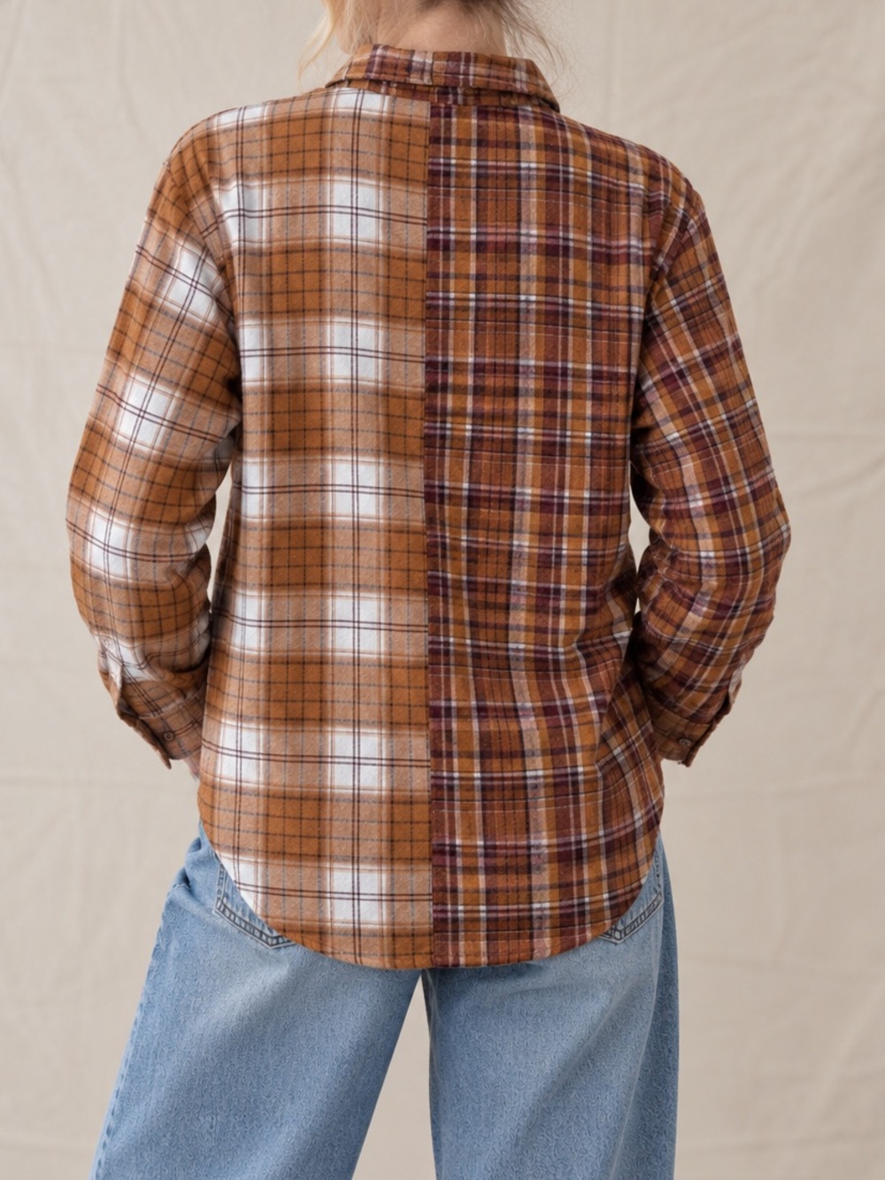 Two Tone Plaid Flannel Shirt Women’s L Fall Brown Orange - Picture 2 of 6